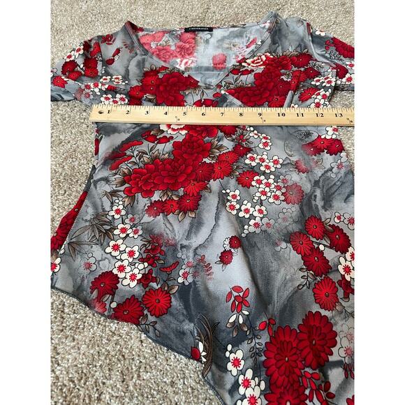 V Generation top blouse stretch gray maroon asymmetrical hem trumpet sleeve SZ S - Picture 7 of 8